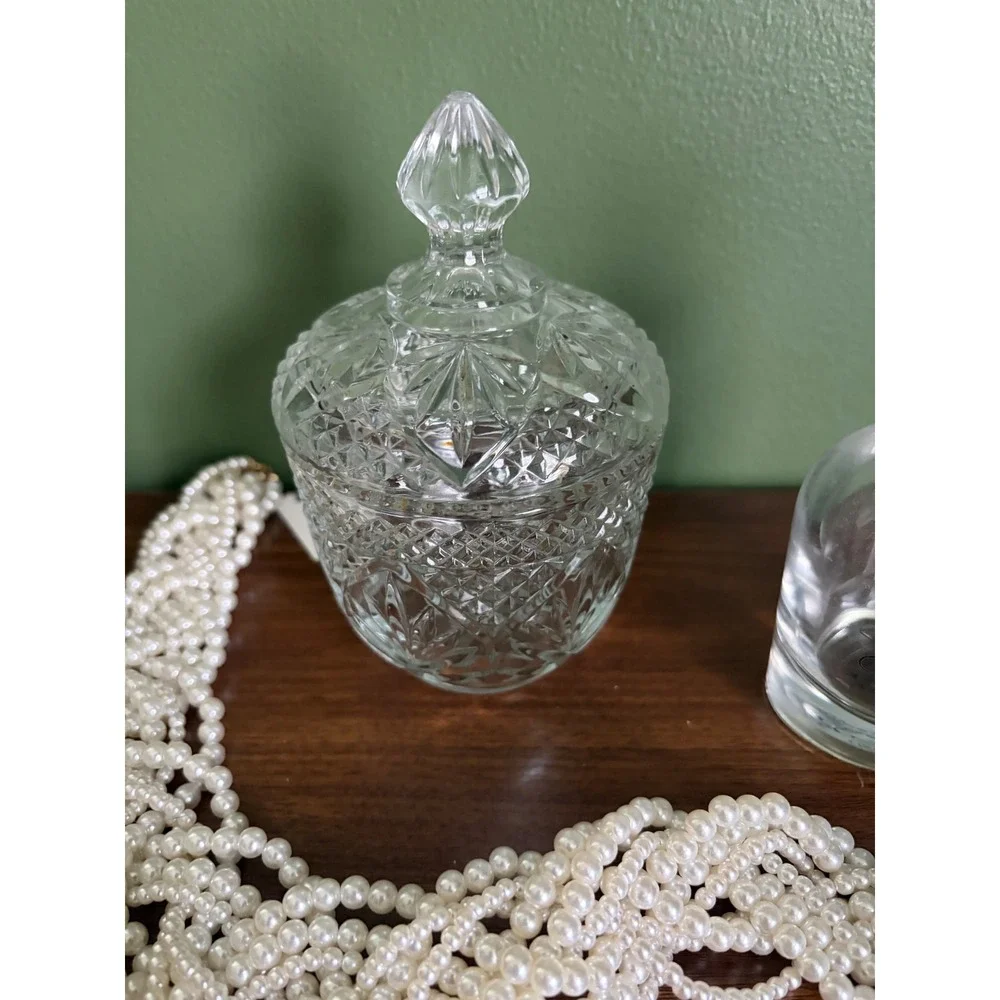 Vintage Pressed Glass Lidded Candy Dish Crystal Diamond‎ Cut Cottagecore